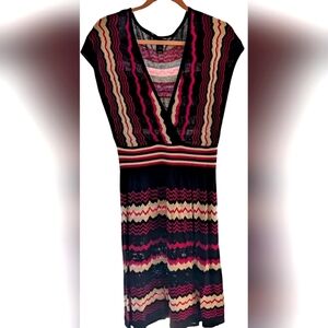 H&M Pink, Black & Cream V-neck Patterned Midi Dress